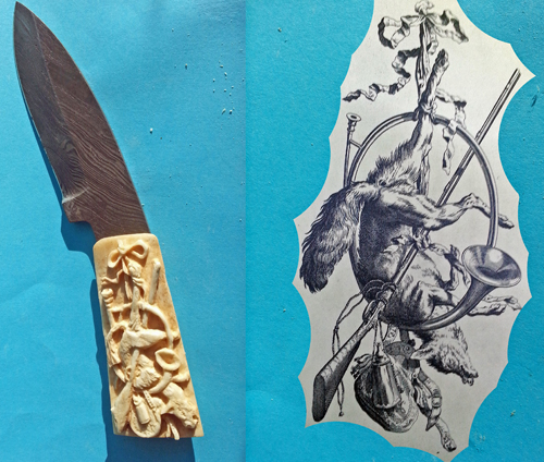 Messer mit Griff aus geschnitztem Knochen und Vorlage